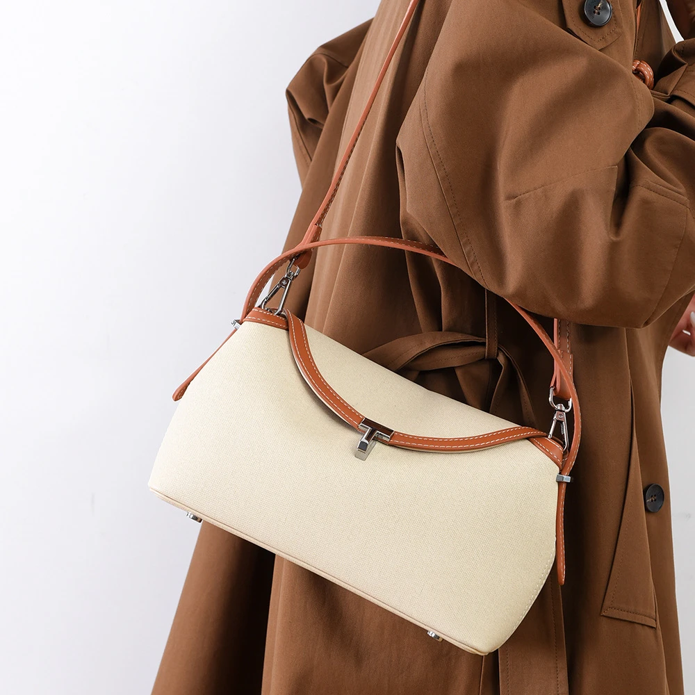 气质百搭斜挎包高质感帆布时尚包包简约大容量撞色单肩包通勤女包