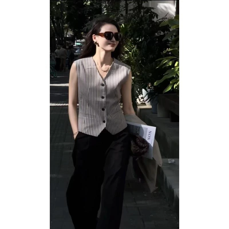 L'U'R/YI'YAO【苏格兰风情】秋季时尚高级竖条纹无袖马甲背心10463