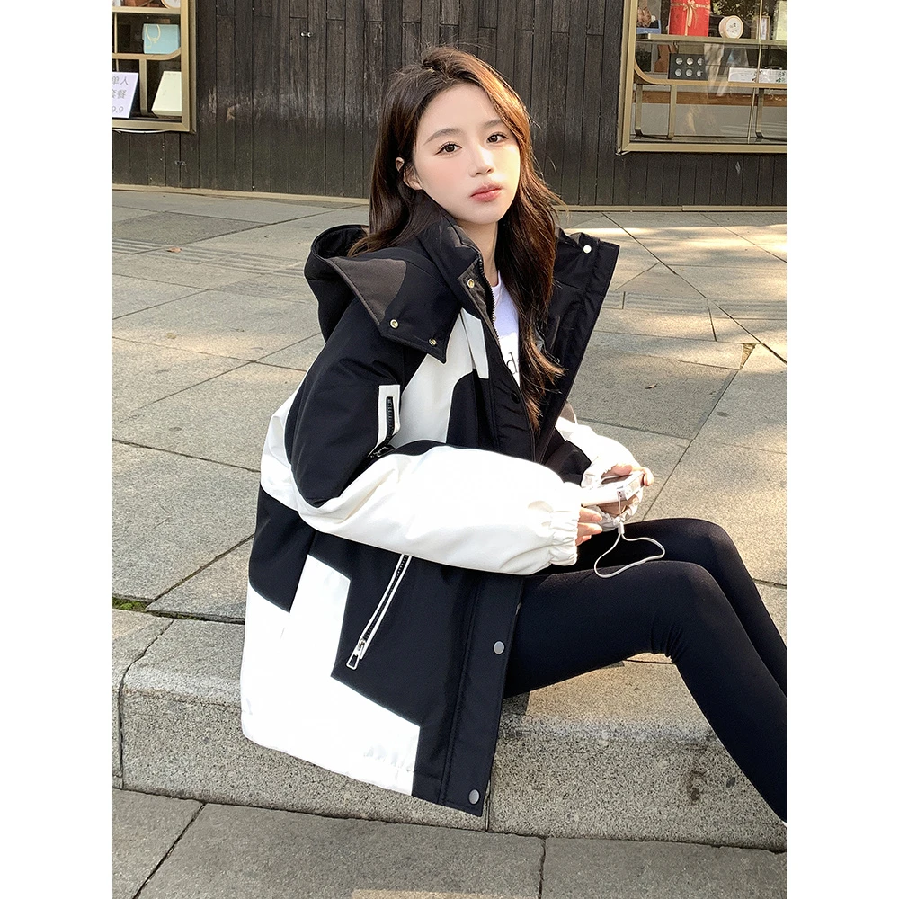 黑白拼色工装冲锋衣棉服外套女冬季2025新款高级设计感派克服