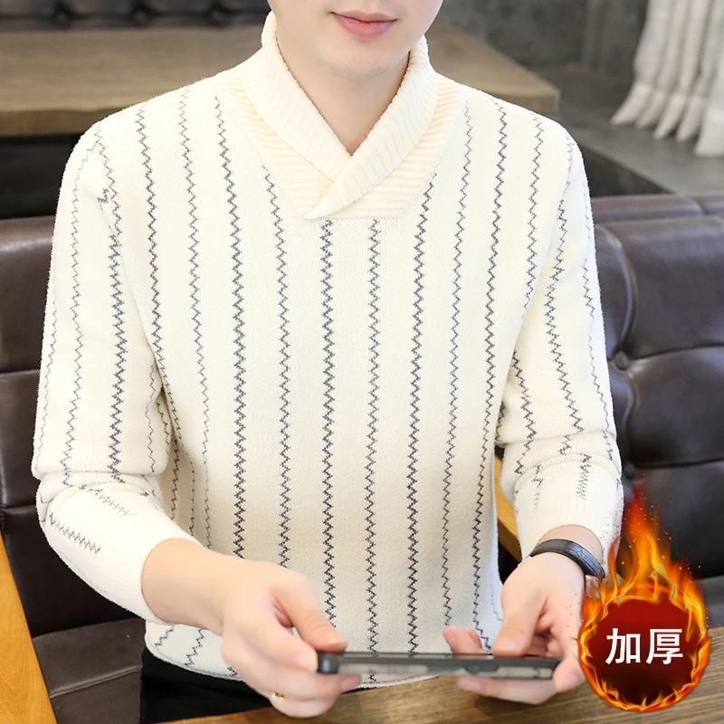 条纹针织衫抗起球男士打底毛衣冬装保暖男士修身潮流