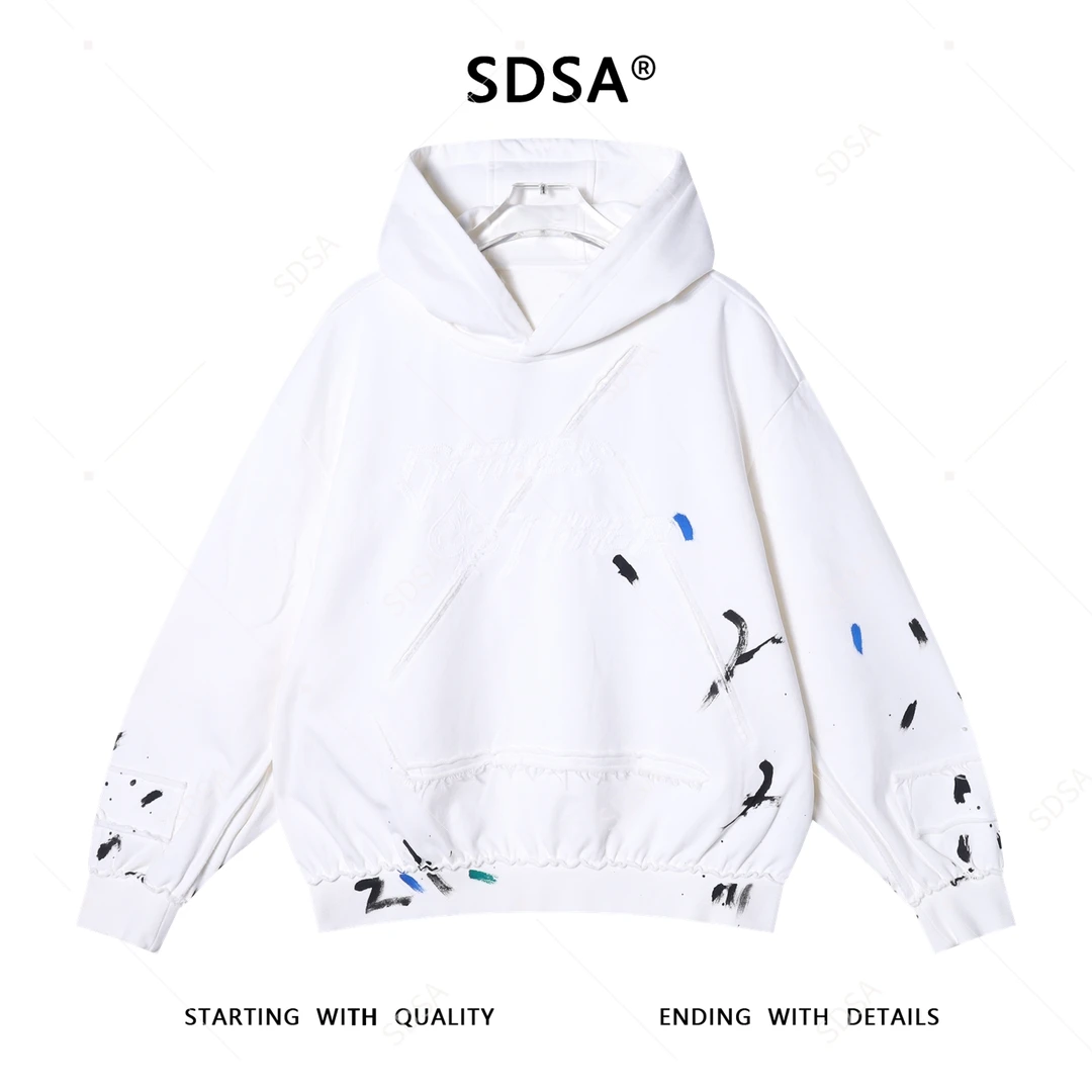 SDSA男士秋冬新款痞帅男装手绘泼墨连帽卫衣刺绣字母设计百搭上衣