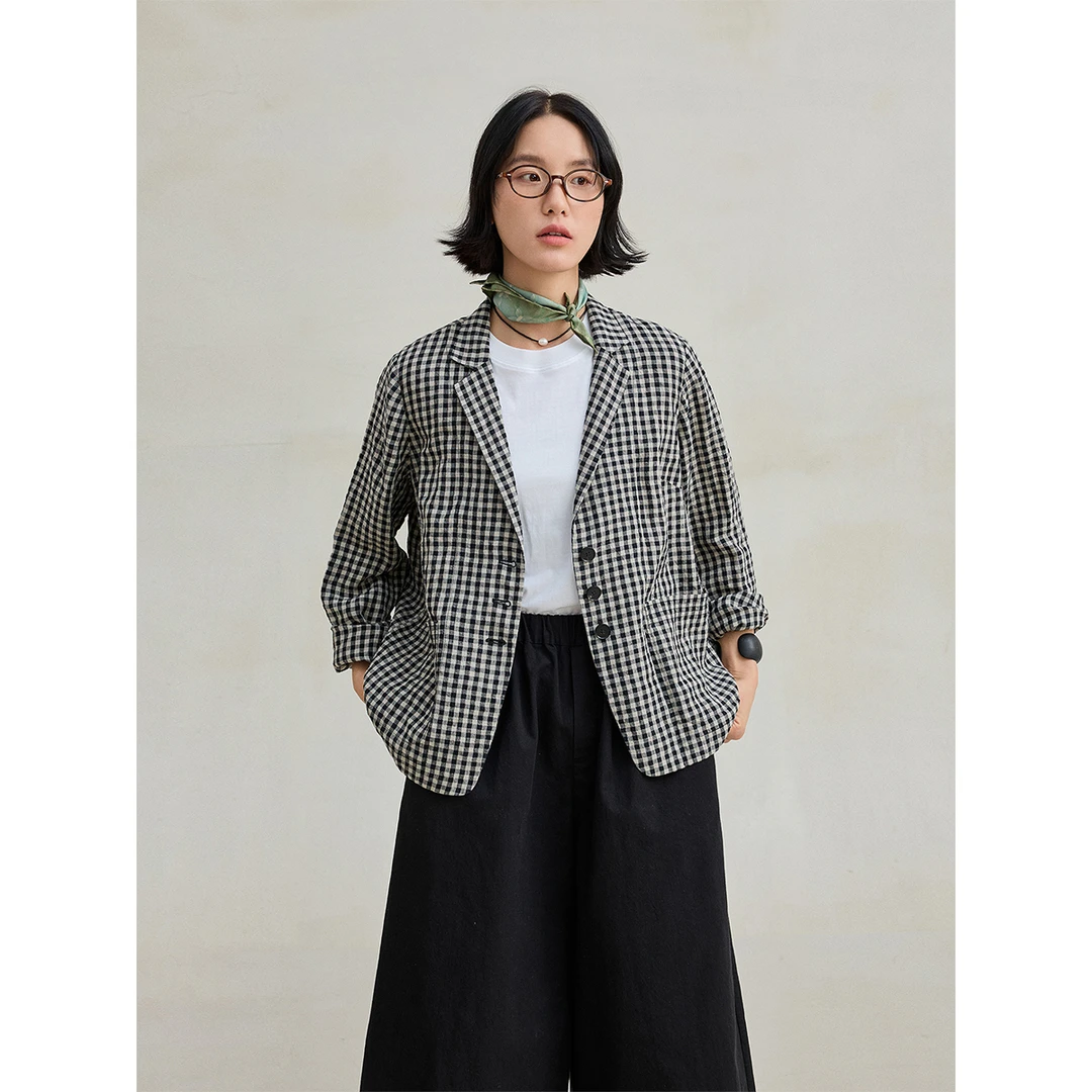 麻霖原创设计21支亚麻双色色织格纹翻领长袖文艺休闲西装小外套