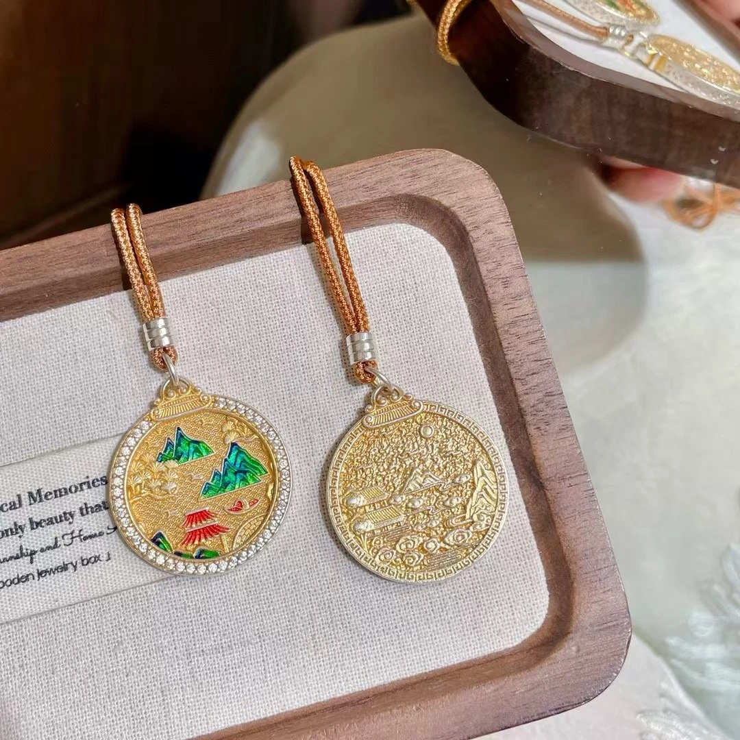 吊坠足银珐琅 足银999描金珐琅千里江山吊坠饰品时尚项链首饰轻奢