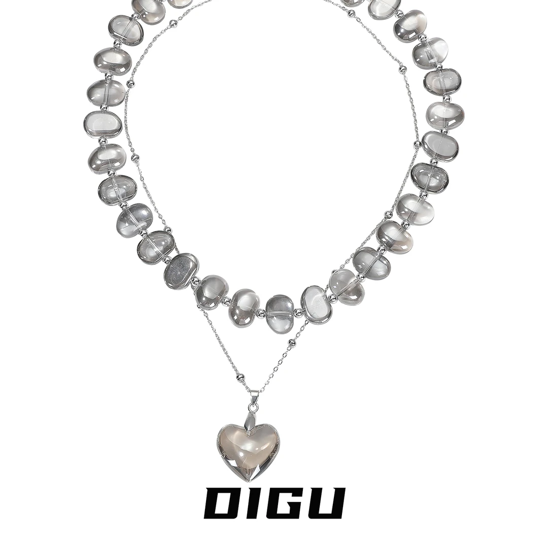 嘀咕家 铜合金仿水晶项链 气质双层灰水晶爱心吊坠项链串珠锁骨链