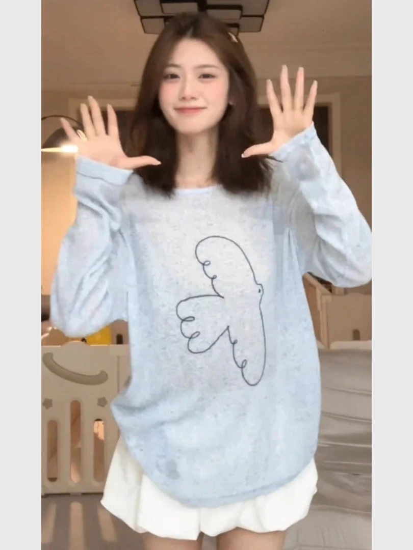 蓝色小鸟图案防晒长袖t恤夏天巨好看的炸街独特漂亮罩衫薄纱上衣