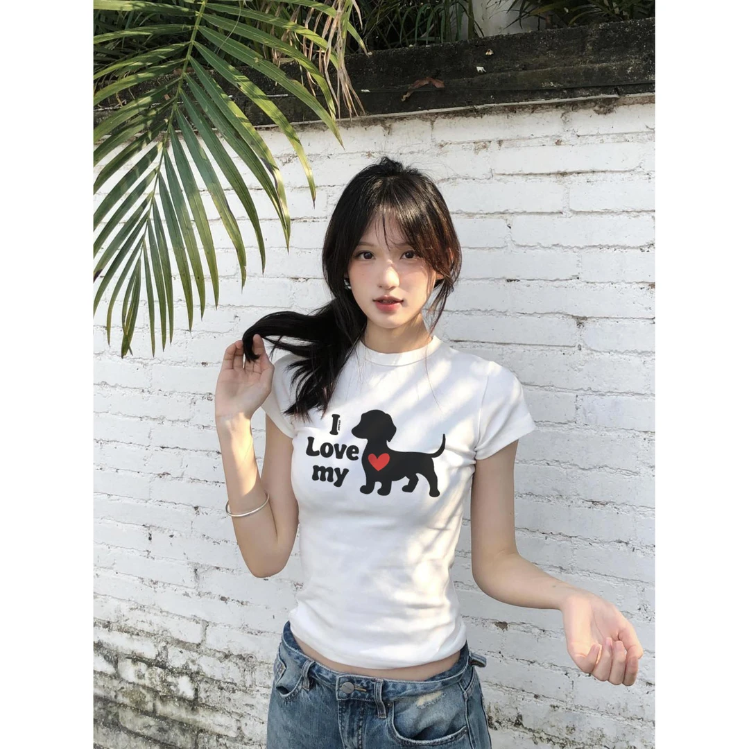 美式趣味卡通小狗印花正肩短袖t恤女款夏季修身显瘦辣妹时尚上衣