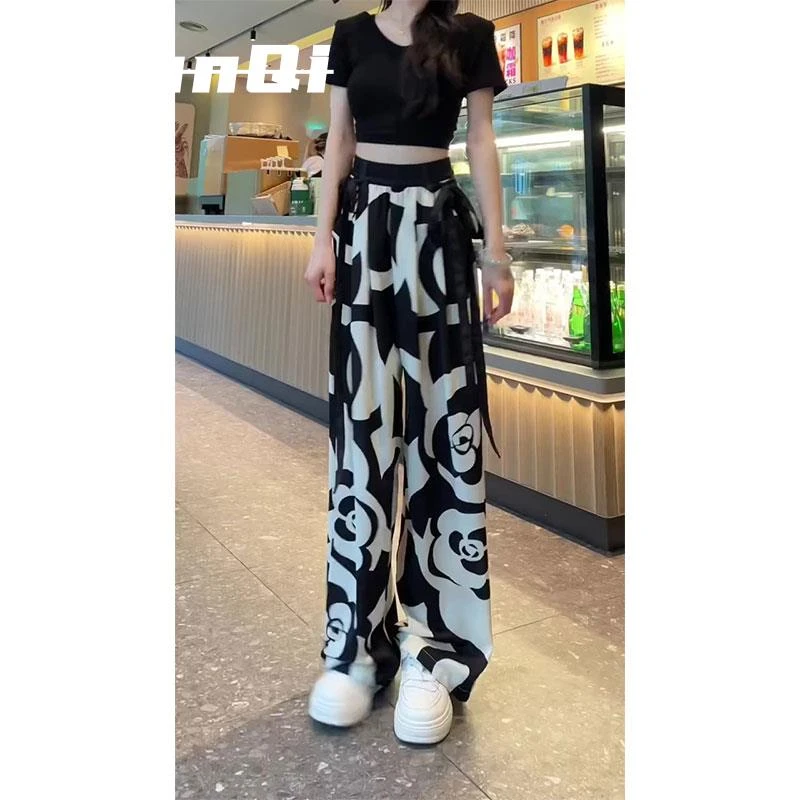 淳启夏季质感黑白印花飘带阔腿裤港味复古森系垂感显瘦大码直筒裤