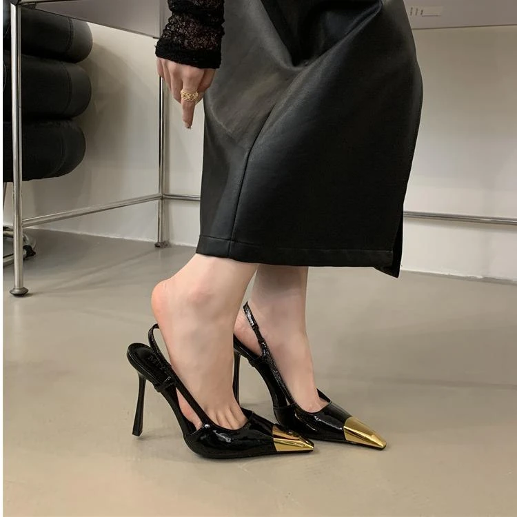 2025早春季新款欧美风尖头后空凉鞋金属头气质高跟鞋女鞋浅口单鞋