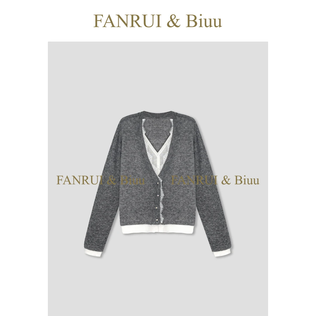 FANRUI/泛芮「贝贝biuu」羊毛假两件花边减龄百搭v领针织开衫B18723