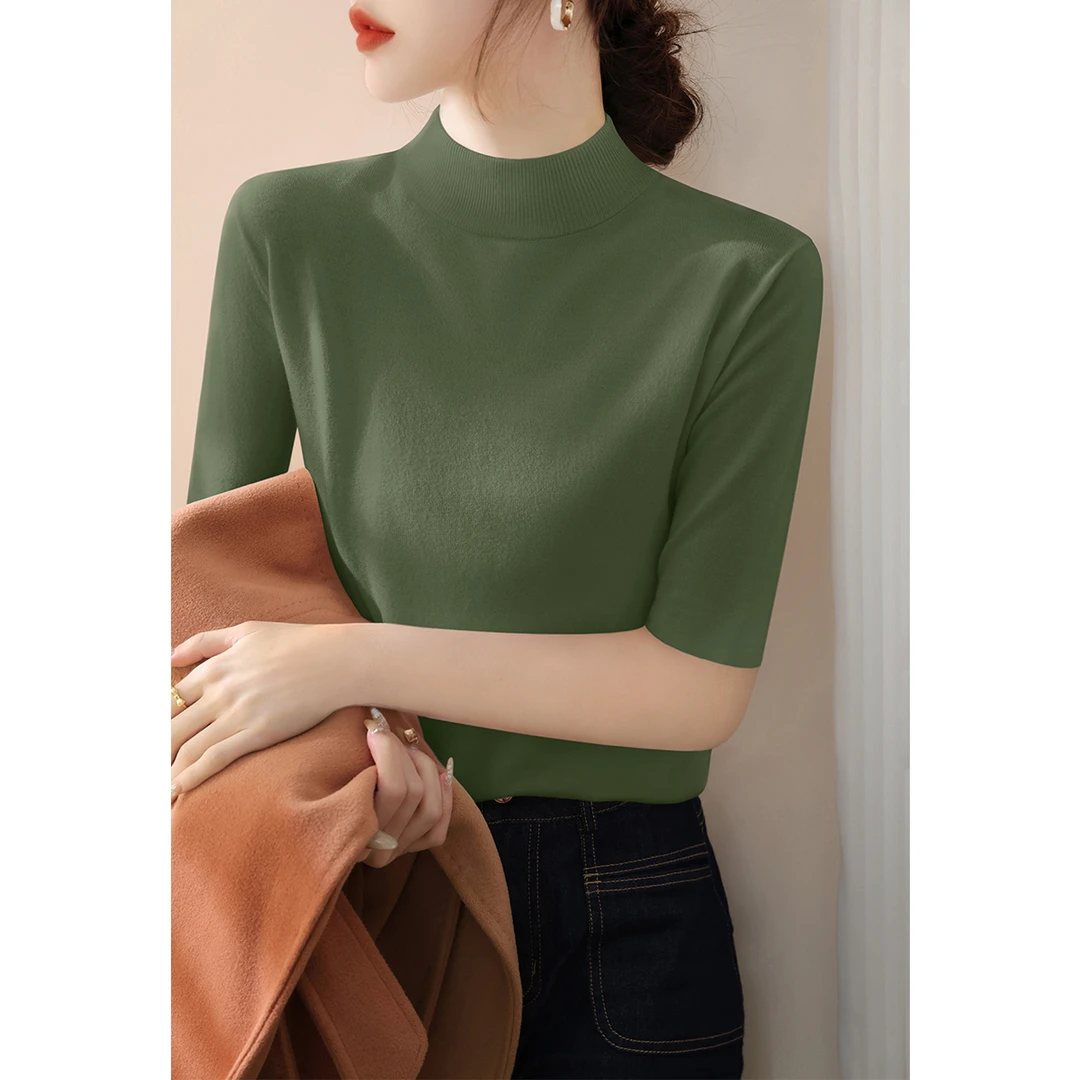2025夏季新款女装纯色修身显瘦半高领打底上衣气质百搭短袖针织衫
