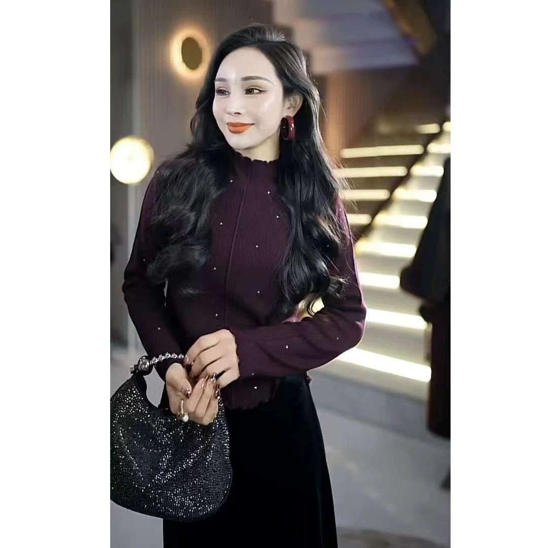 冬季轻奢时尚气质百搭烫钻女士套头木耳边半高领打底毛衫3my8851