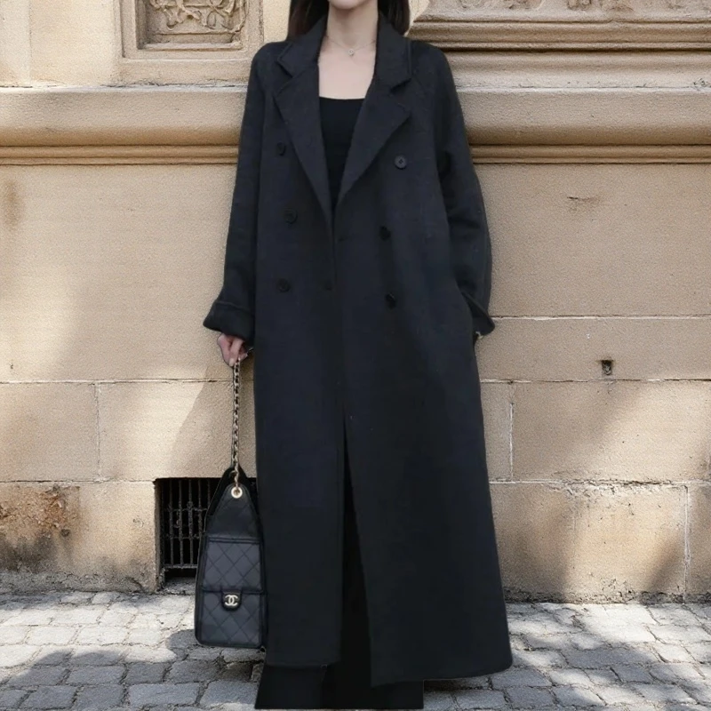 【夕夕】2025秋冬季新款黑灰色双面羊毛大衣女长款韩系宽松羊毛外套