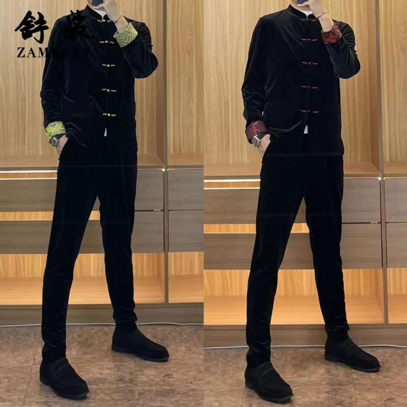 3139秋冬季新品男士柔软绒唐装套装两件套时尚舒适民族风高级感潮