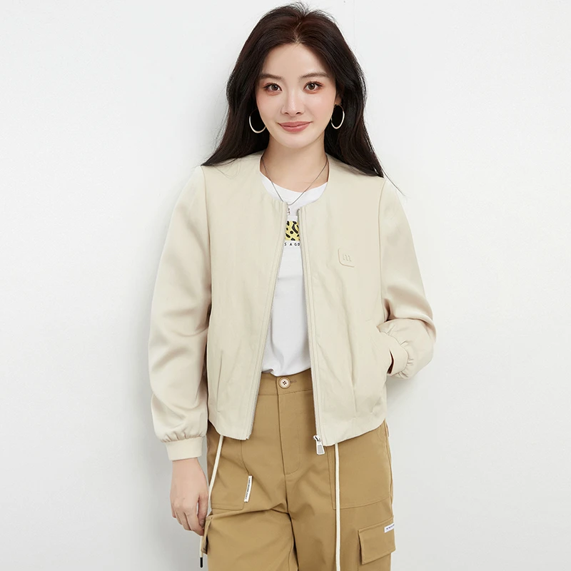 A302时尚通勤长袖上衣PU皮质拼接外套女2025秋53AW0K0001