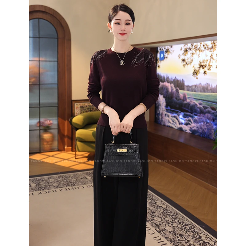 2025秋冬新款【LT-1209PY】含绵羊毛烫钻镂空葡萄紫针织小衫上衣女