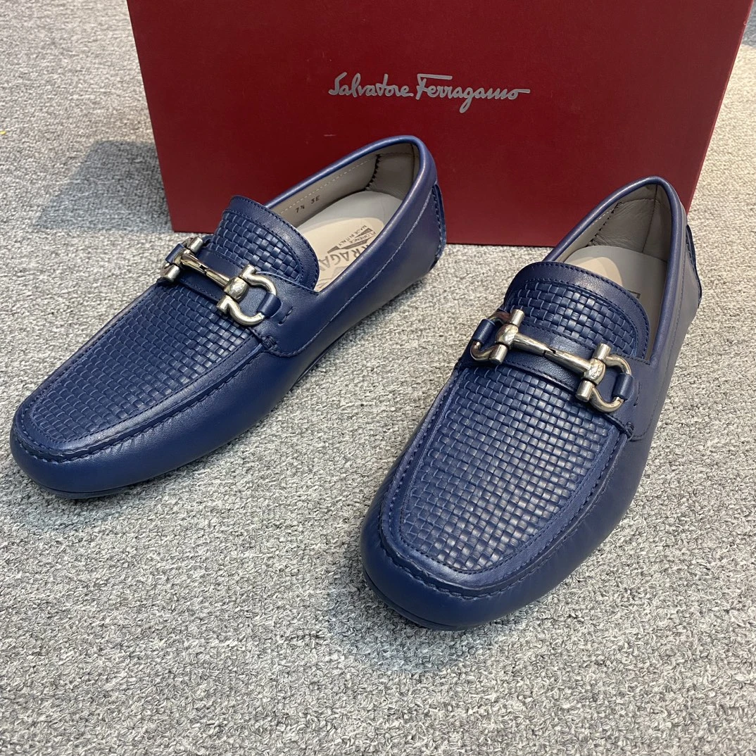 未使用 FERRAGAMO/菲拉格慕 男士蓝色编织物银色马蹄扣114317