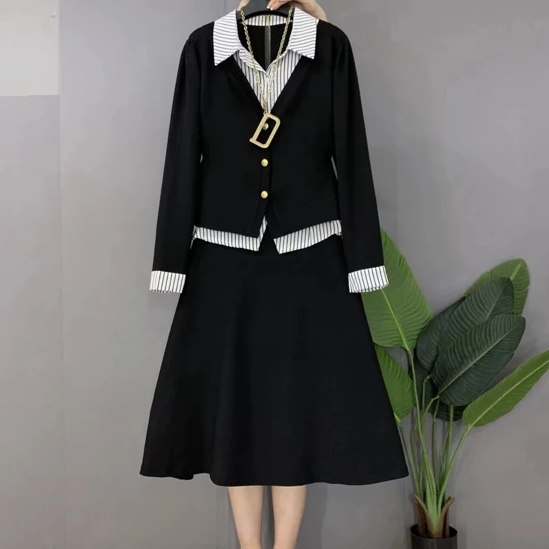 早春新款时尚气质假两件上衣十半身裙两件套套装