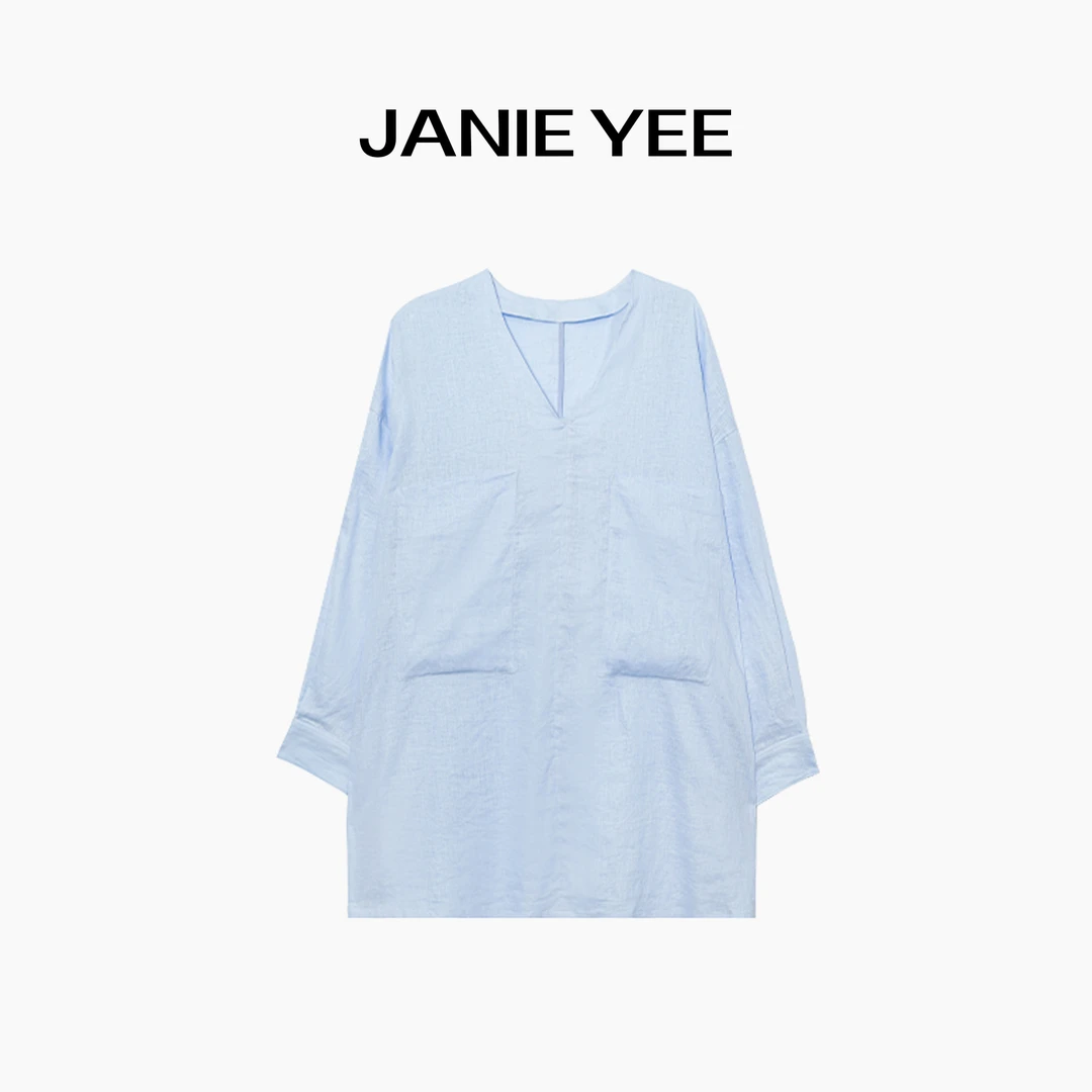 Janie Yee"慵懒亚麻" 高级老钱100亚麻雨露麻蓝色衬衫裙 24A0696
