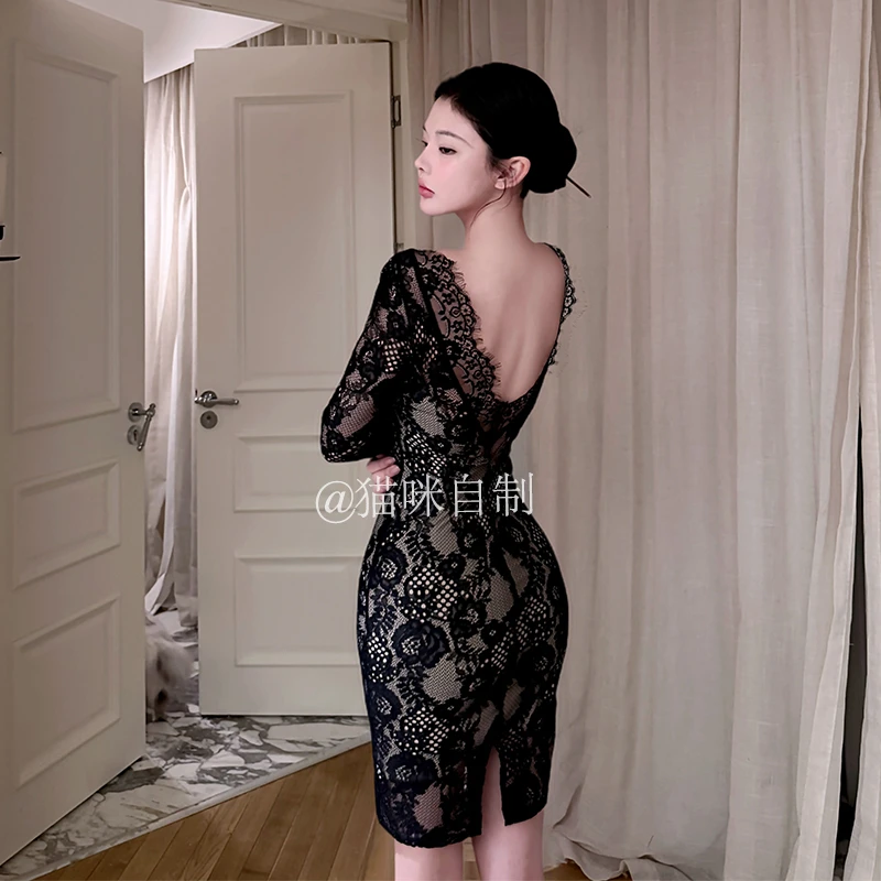 猫咪自制【暗香浮影】轻熟风露背蕾丝裙女人味修身中长包臀裙气质