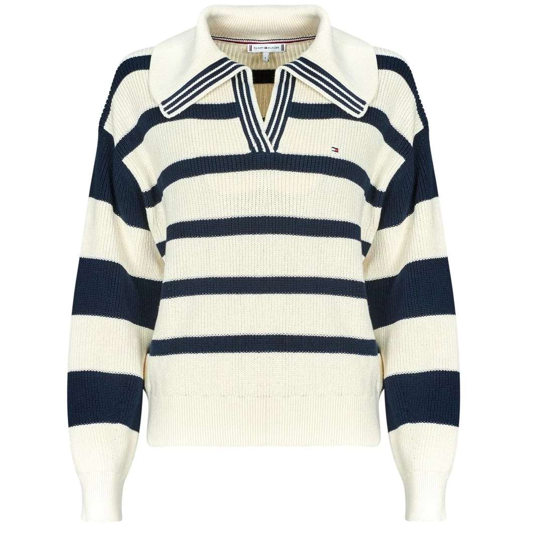TOMMY HILFIGER刺绣Logo条纹翻领纯棉套头毛衣
