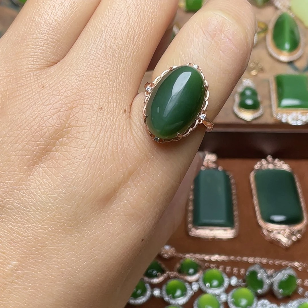 和田玉（碧玉）银S925镶嵌吊坠(不含链)戒指