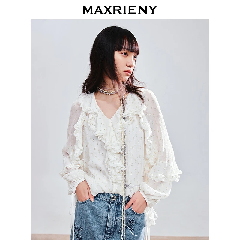 【商场同款-25春新品】MAXRIENY宫廷荷叶领蕾丝雪纺衫桑蚕丝上衣