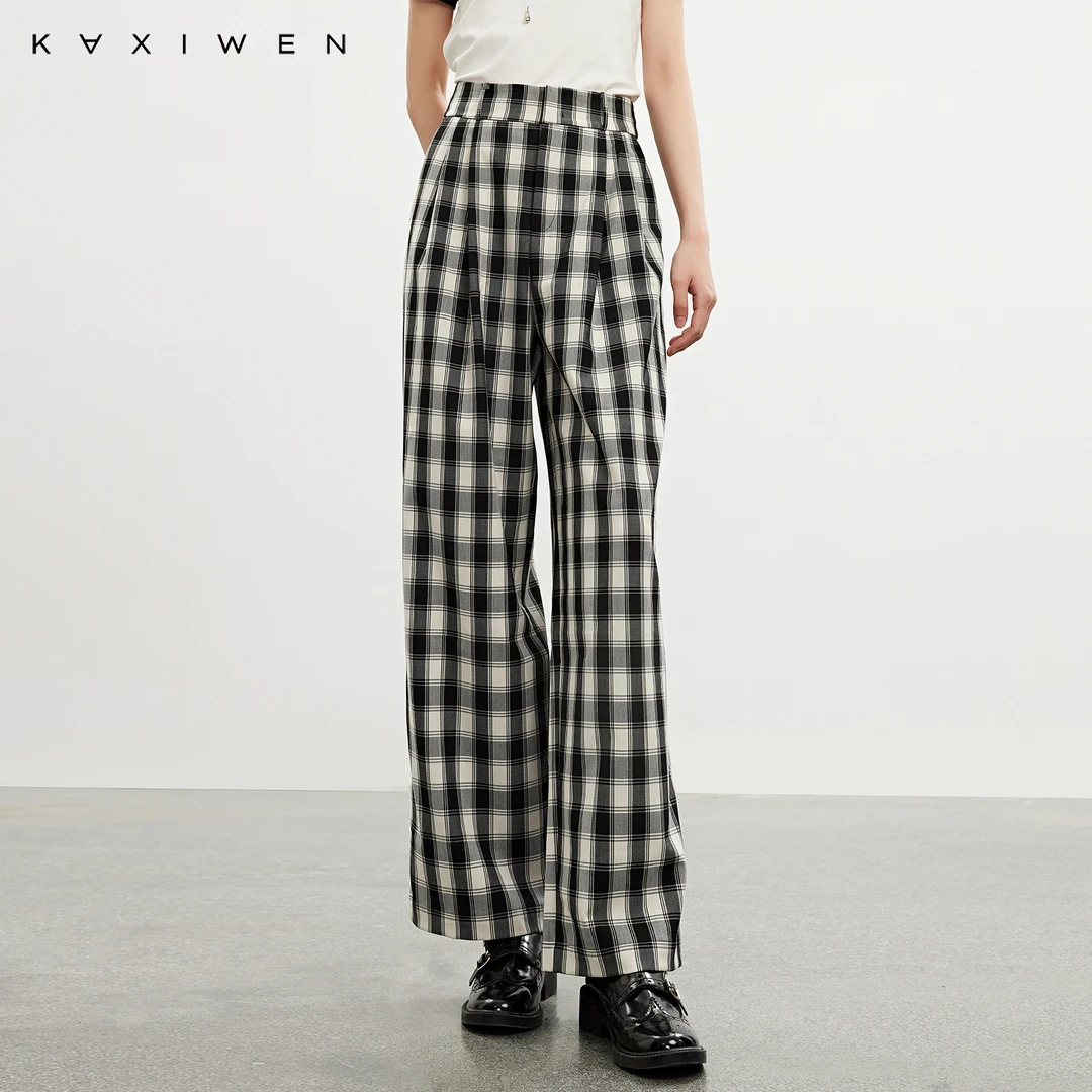 佧茜文时髦通勤宽松直筒裤【春秋】黑白撞色格纹休闲长裤X03AKN2344