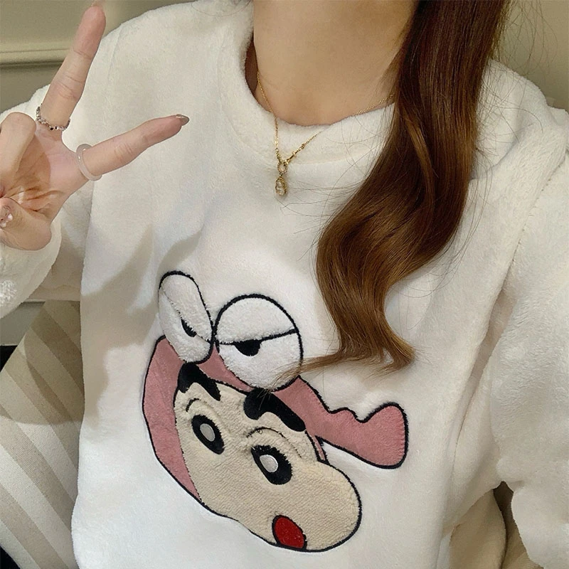 卡通小新珊瑚绒睡衣女款秋冬季加绒加厚保暖法兰绒女士家居服套装