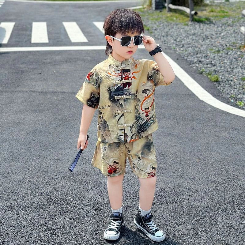 哪吒衣服男童夏季套装2025新款儿童国风唐装中小童汉服两件套夏装
