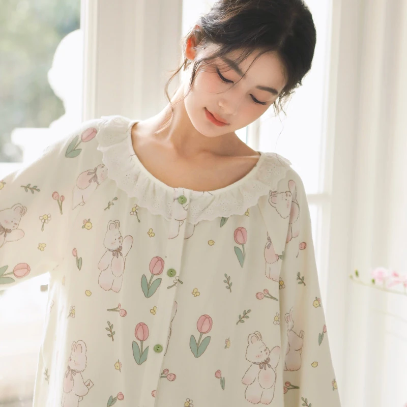 春秋女款甜美可爱纯棉磨毛长袖睡衣秋季新款圆领中长款家居睡裙