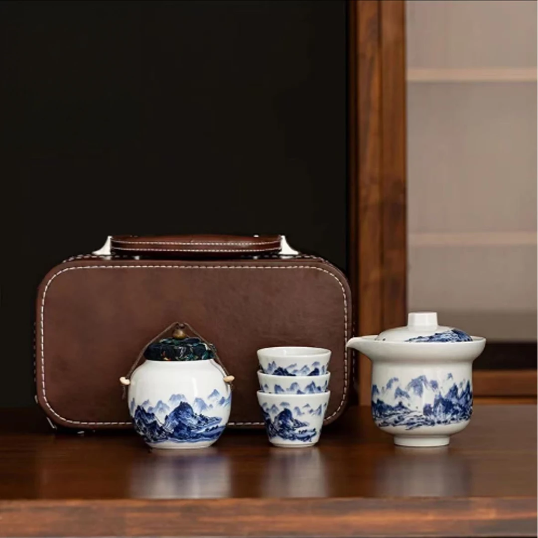 千里江山(蓝)羊脂玉瓷旅行茶具套装便携式包户外喝茶泡一壶三杯