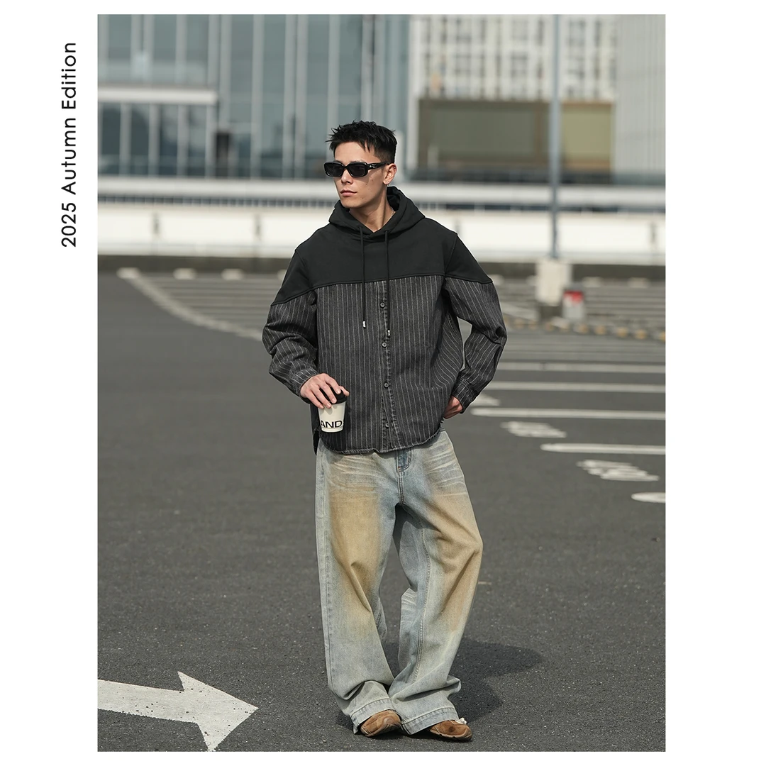 阿d服饰 春季 AB条纹拼色 男士连帽百搭廓形夹克外套