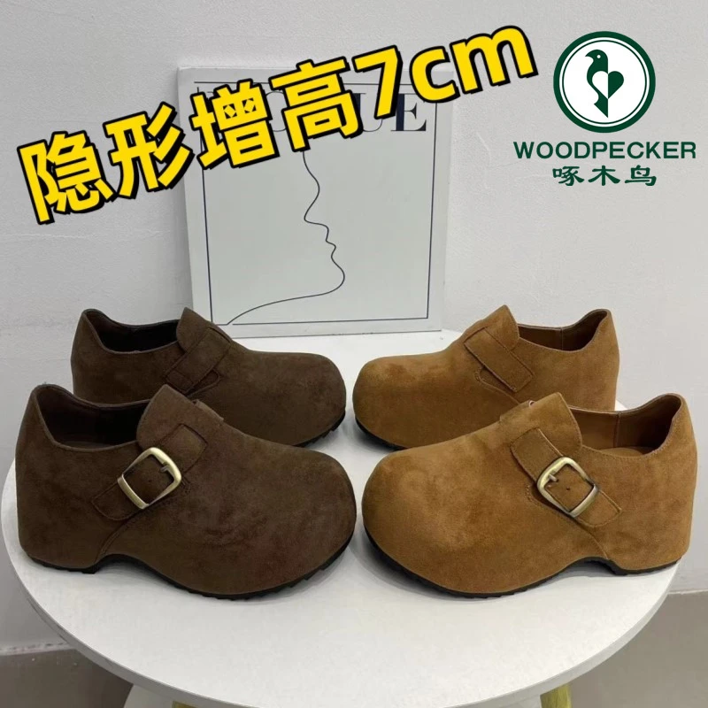 啄木鸟内增高7cm全包厚底勃肯鞋女2025秋新款一脚蹬懒人鞋乐福鞋