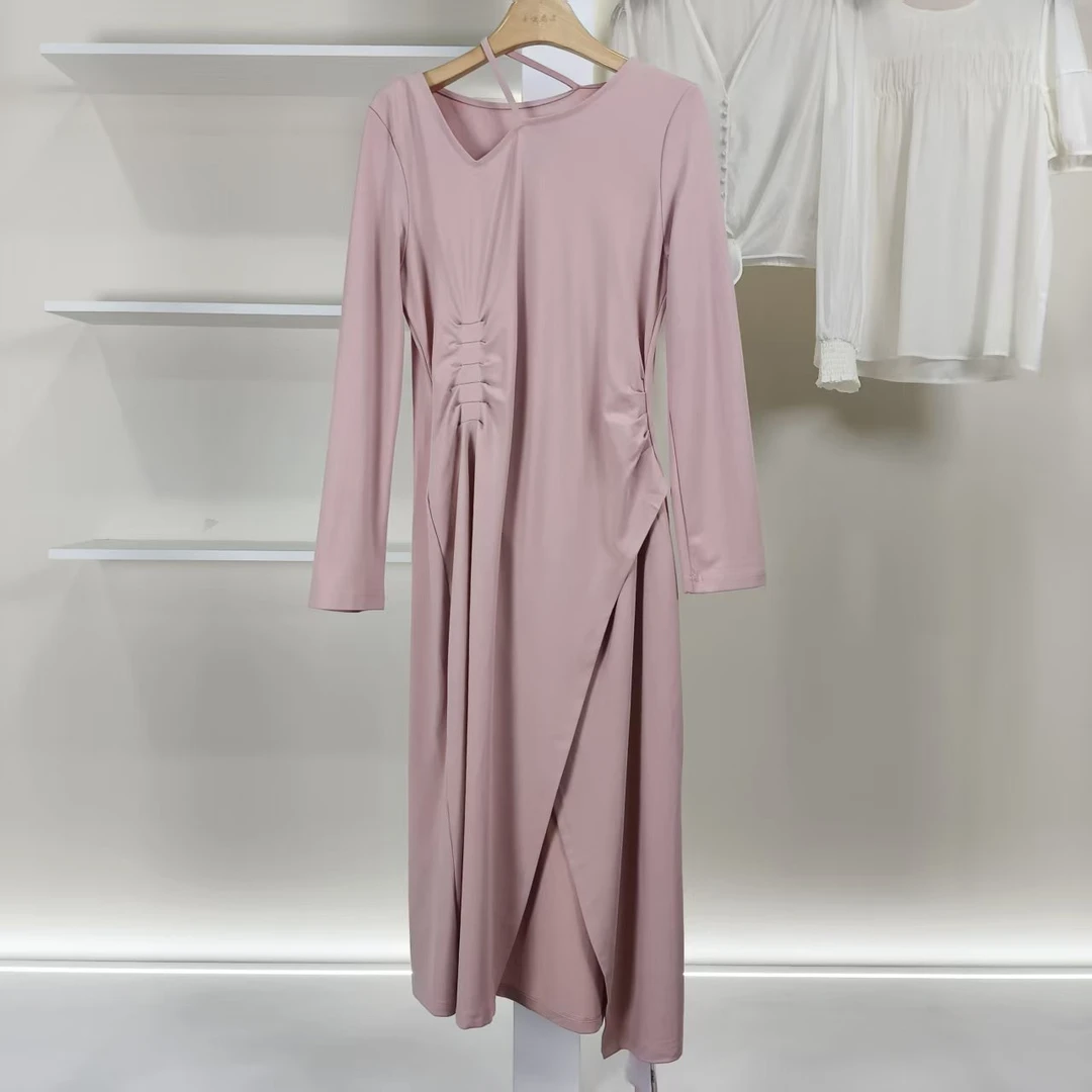 麦迪尚品【夕Y】5090838 春季简约纯色收腰长袖连衣裙品牌女装