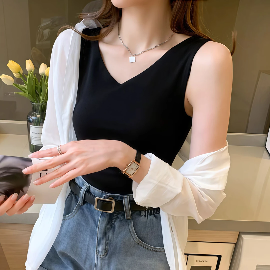 法式别致方V领两穿小背心修身显瘦纯色无袖背心针织内搭上衣女夏