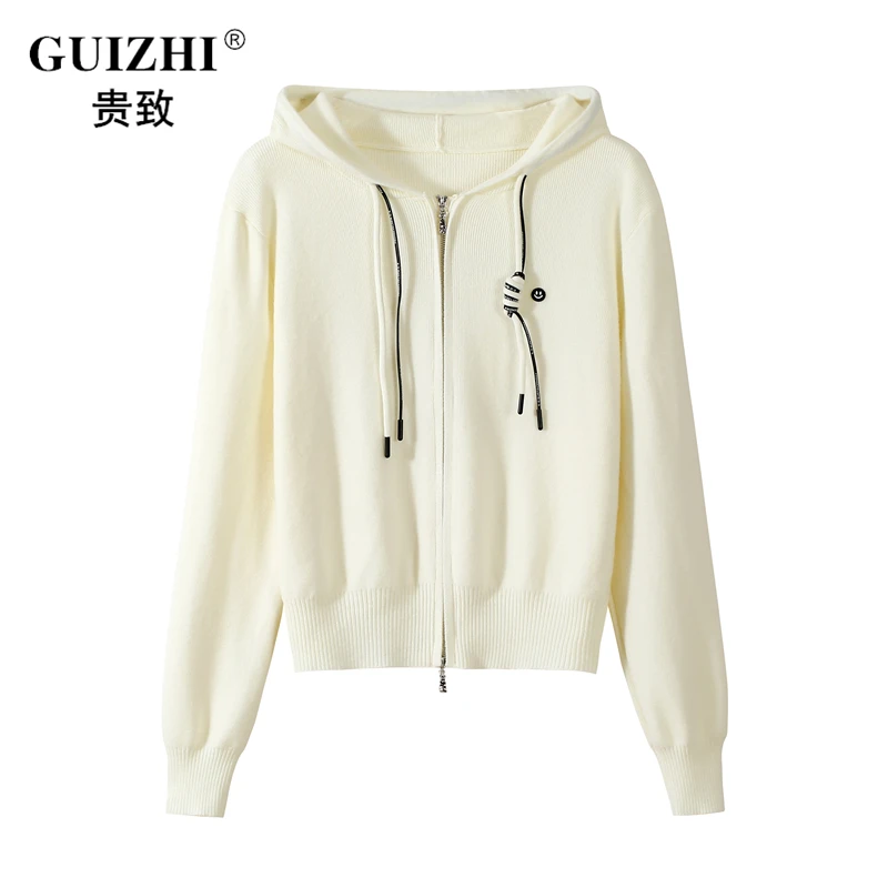 纯色笑脸双拉链连帽针织开衫女2025秋装上新软糯休闲时尚毛衣上衣