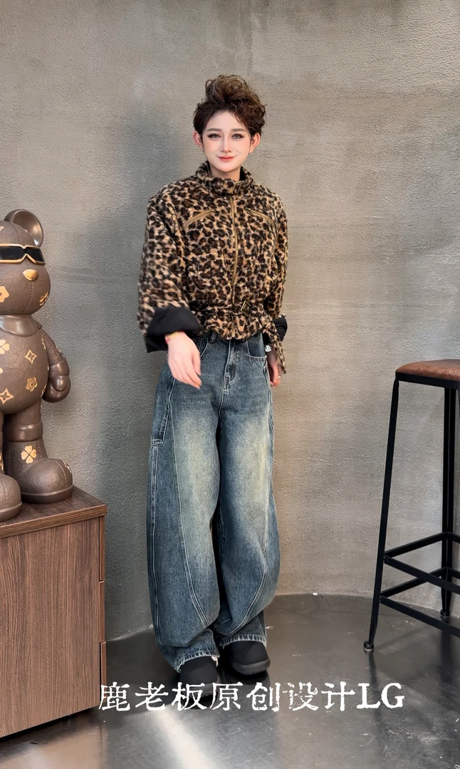 6093美式复古蓝色阔腿慵懒弯刀牛仔裤