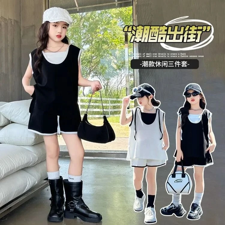 女童时尚运动背心2025新款连帽夏季短裤无袖中大童洋气两件套潮款