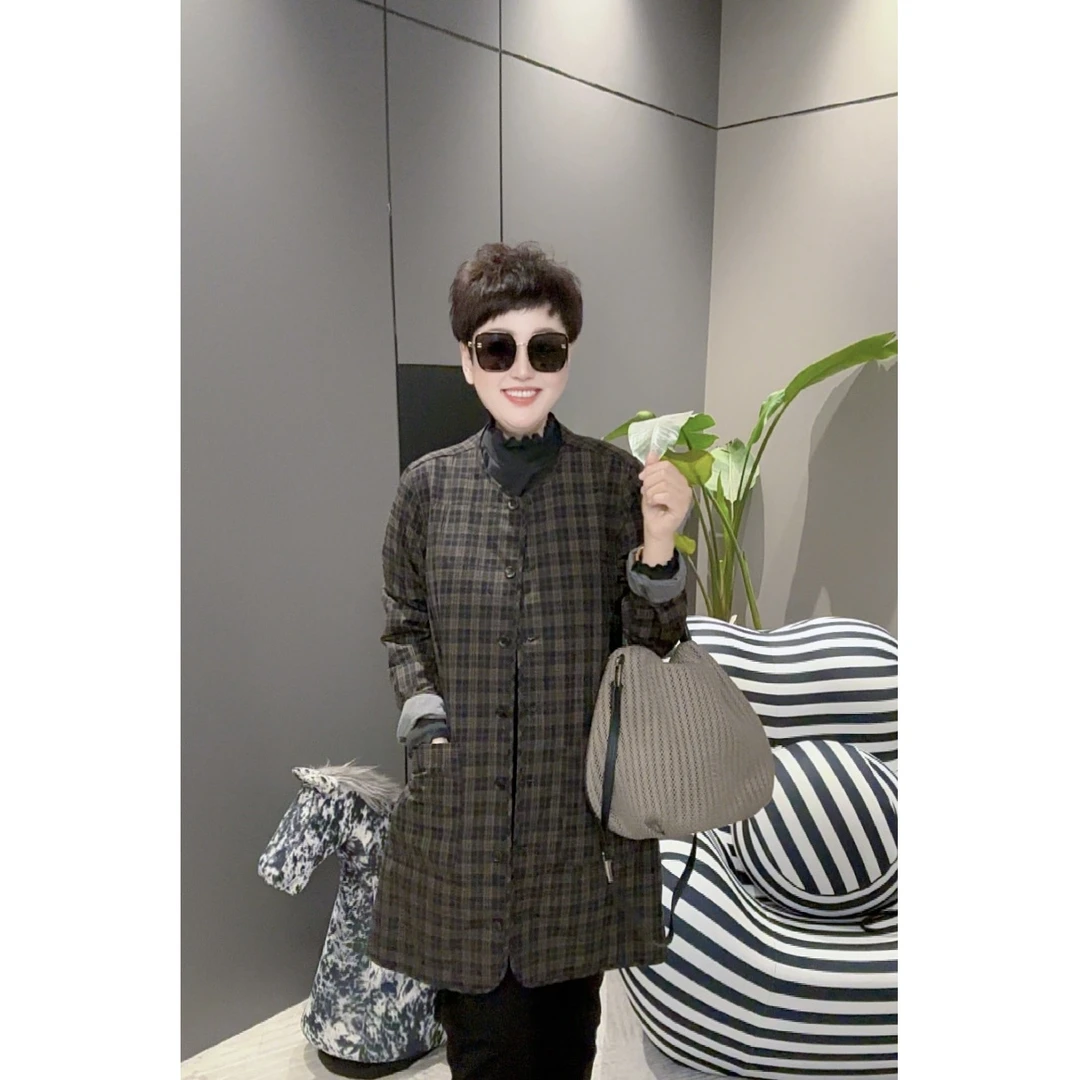 秋冬新款60支色织长绒棉格子舒适时尚百搭中长款保暖棉服【7393】TJ