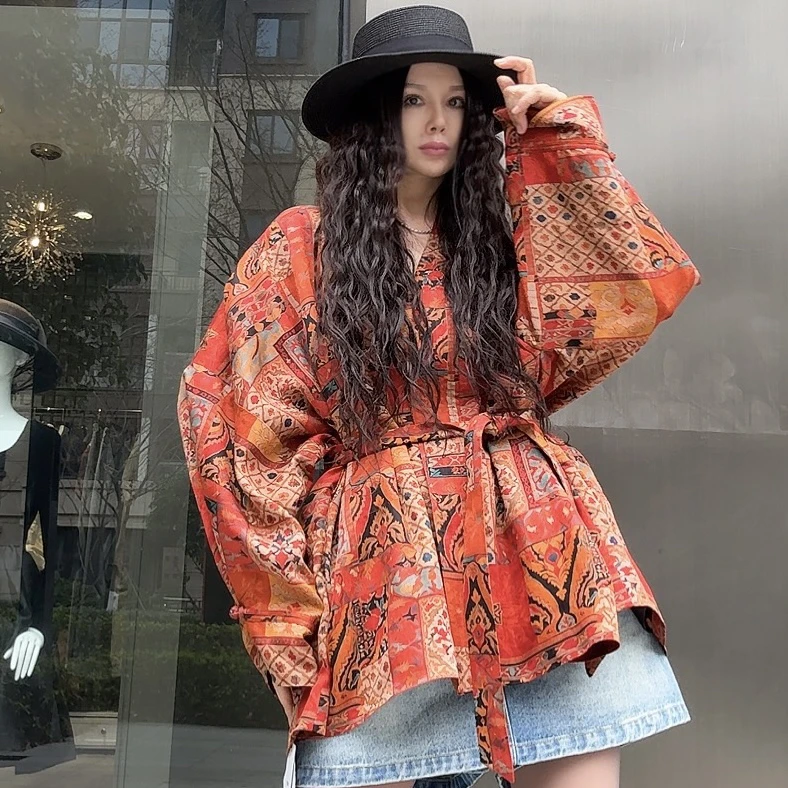 【周周家】红色复古印花中国风V领系带开衫设计感桑蚕丝上衣