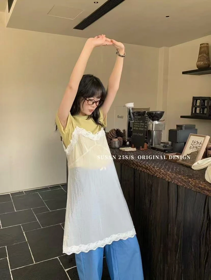 susan@tw316 韩系简约时尚叠穿蕾丝花边吊带裙 4-24