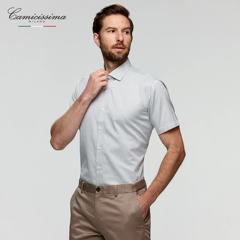 【免烫衬衫】恺米切灰色波点夏季纯棉透气凉爽短袖衬衣男