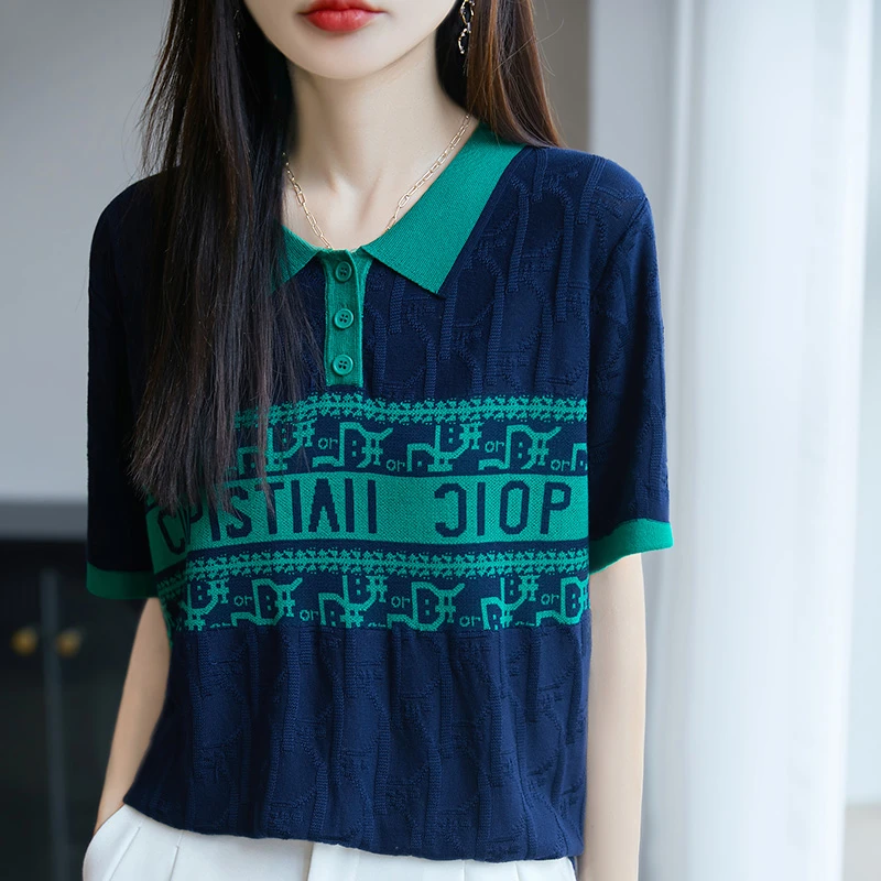 真姐字母翻领夏季针织衫意式风T恤polo小众上衣显瘦百搭015