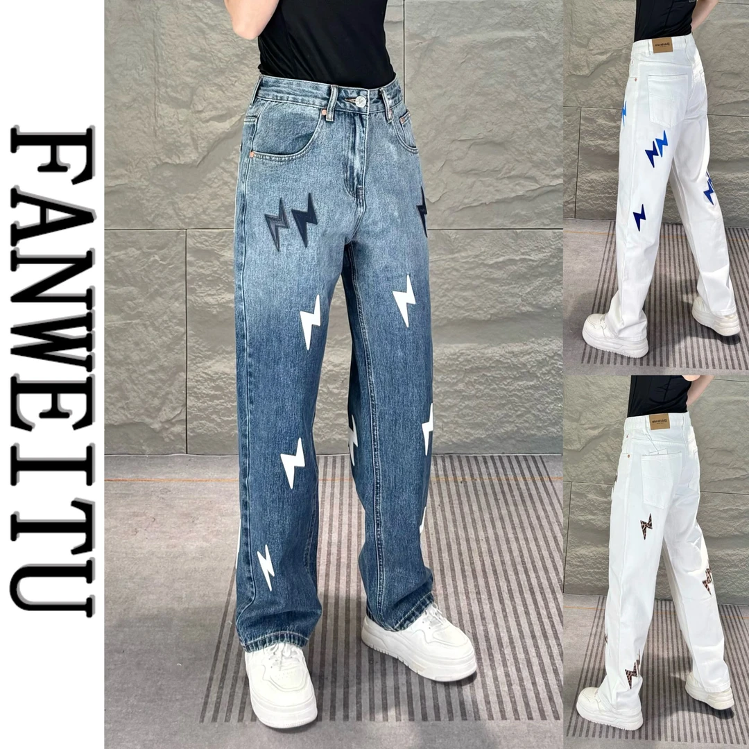 2025秋季新款闪电设计水洗棉宽松直筒牛仔裤高街痞帅潮流闪电长裤