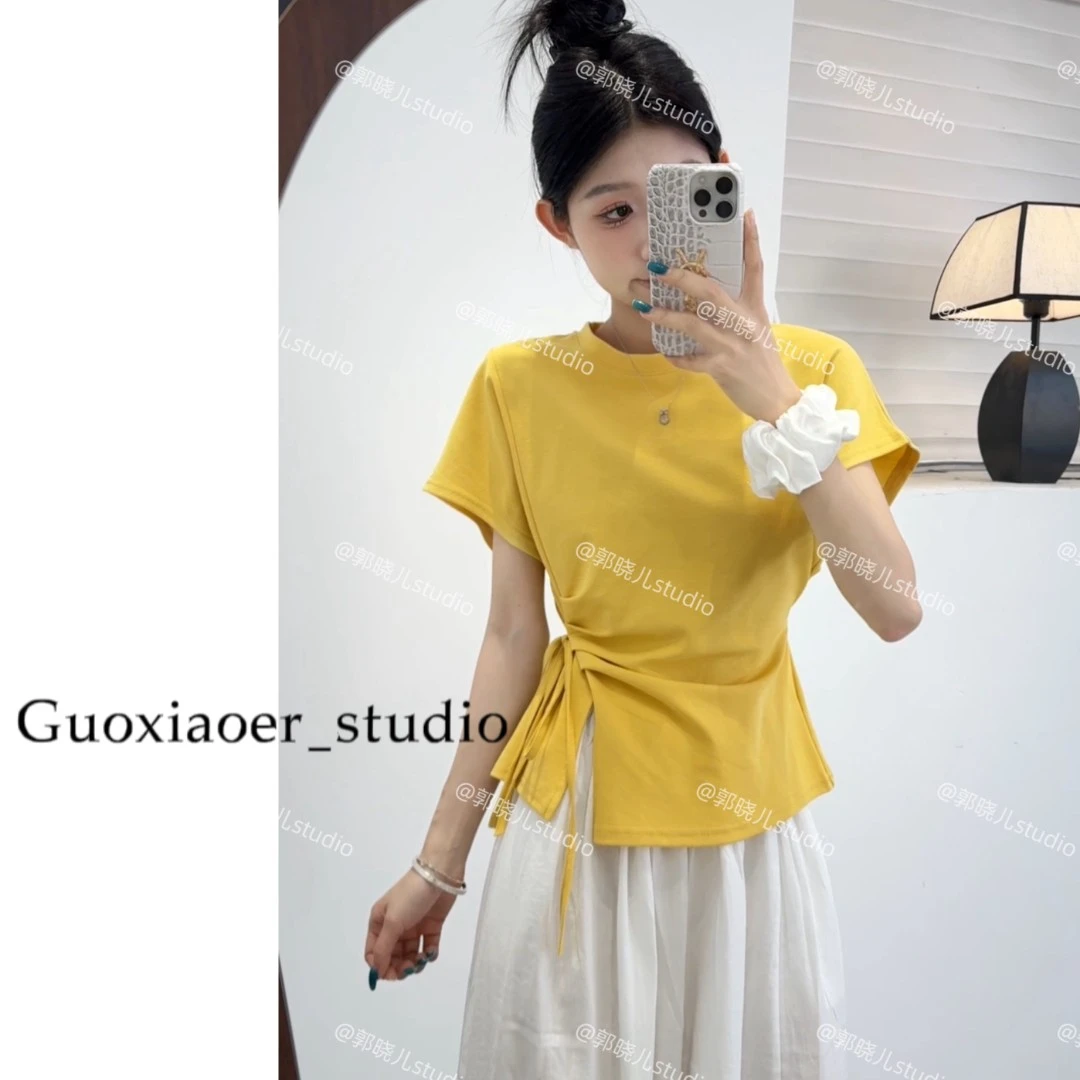 韩式设计款绑腰收腰袖口翻边短袖T恤衫上衣不规则设计感高腰1610