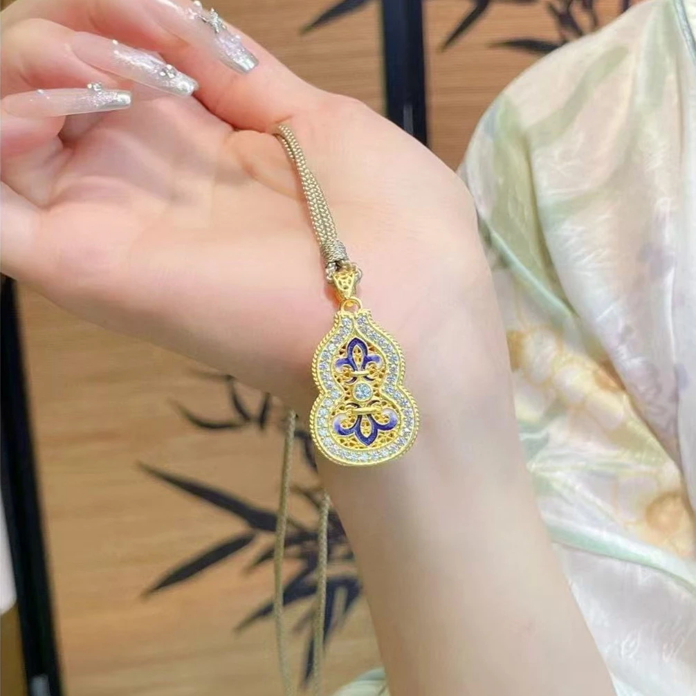 吊坠足银 999国风珐琅彩镂空青花鸢尾花葫芦编绳项链