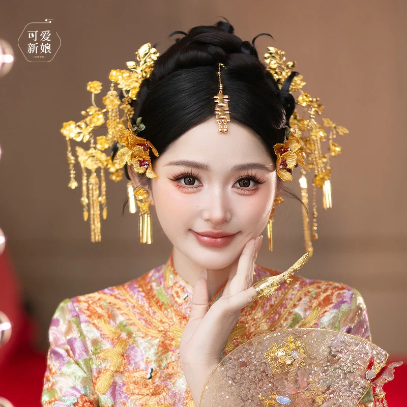 龙凤褂新娘头饰高级感金色重工花朵发簪中式古典秀禾发饰HZ1210