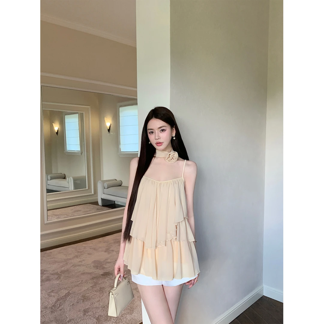 冯薪颖【鎏金梦颖】不规则荷叶边显瘦百搭雪纺吊带衫 Q506115