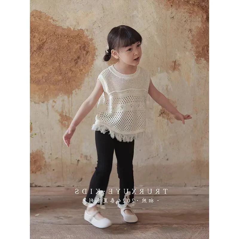 现货Q032女童春季镂空流苏马甲