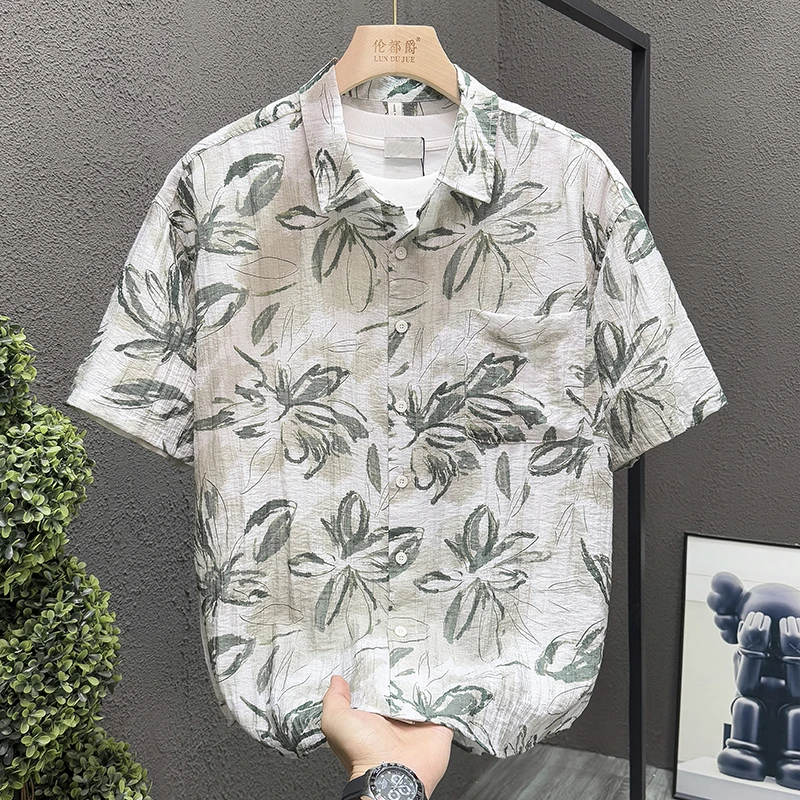 日系小清新印花衬衫男士夏季复古短袖薄款亚麻男装韩版沙滩衬衣潮